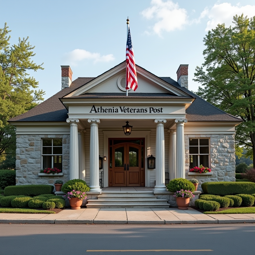 Historic exterior view of Athenia Veterans Post building with American flag prominently displayed, showing traditional architecture and welcoming entrance
