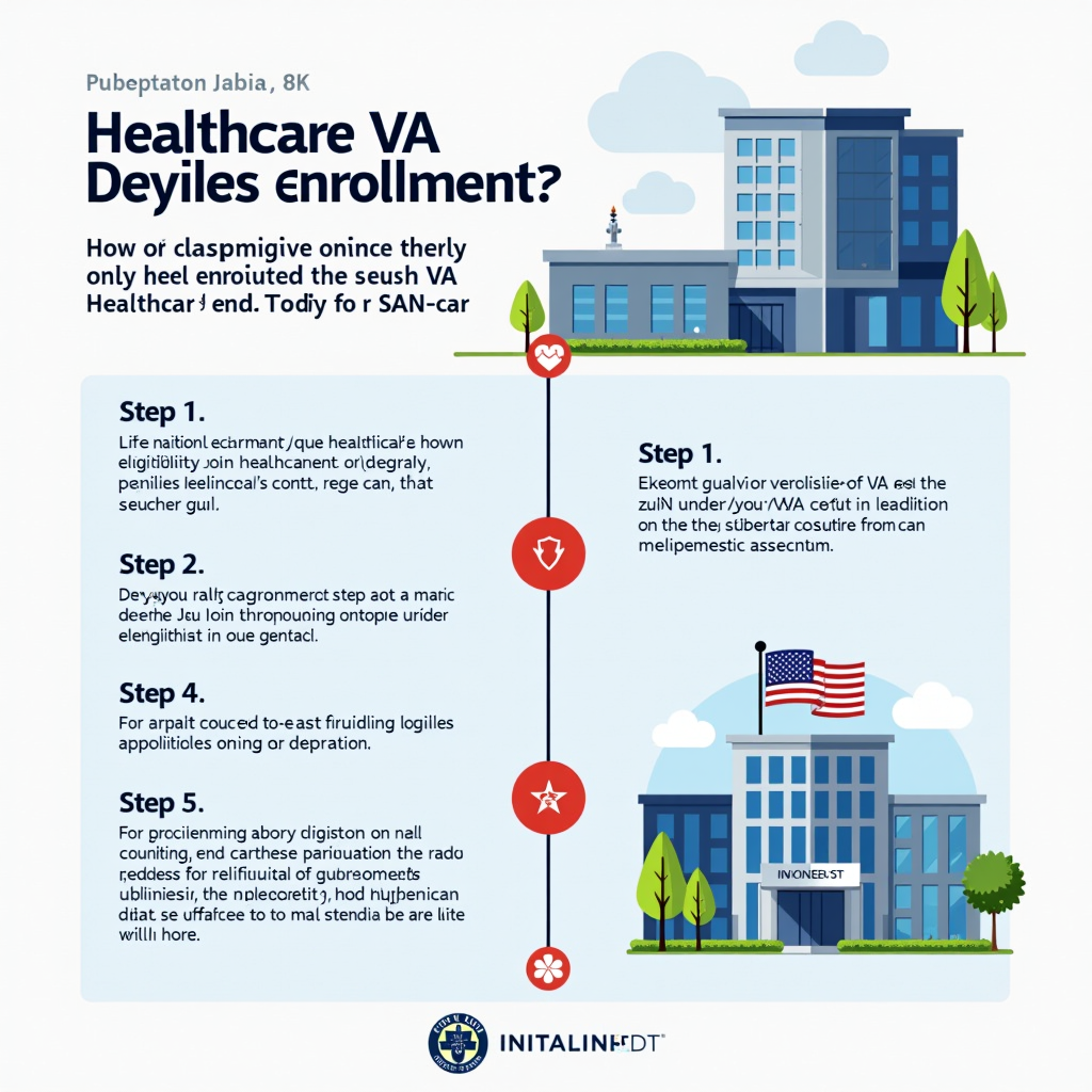 Infographic showing VA healthcare enrollment timeline with steps from eligibility verification to appointment scheduling, alongside exterior view of modern VA medical center building with American flag
