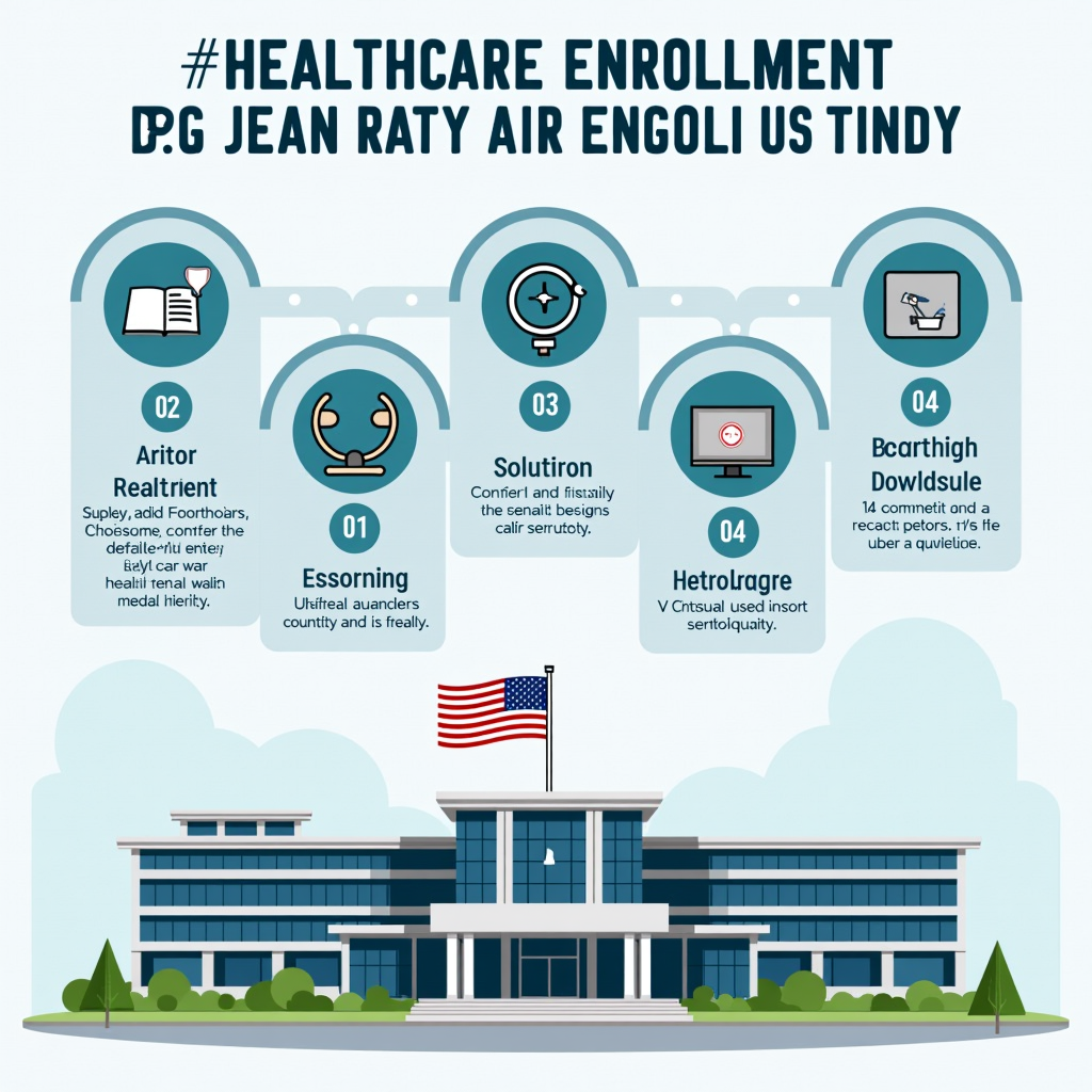 Infographic showing VA healthcare enrollment timeline with steps and requirements, alongside exterior view of modern VA medical center building with American flag