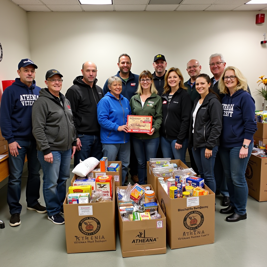 Group photo of Athenia Veterans Post volunteers and community members gathered at the winter donation drive event, standing together with boxes of food supplies, winter clothing, and heating assistance materials, displaying unity and community spirit in supporting local veteran families