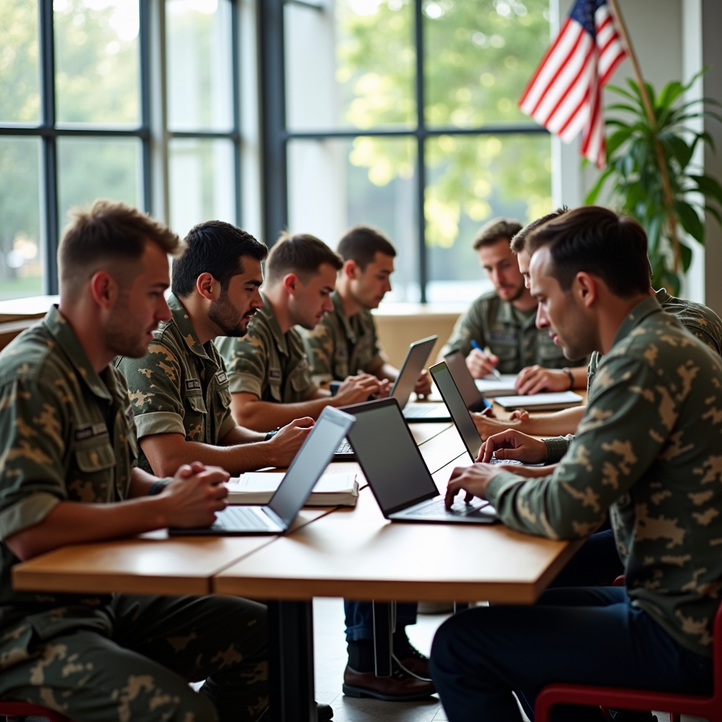 Group of diverse veterans in military casual attire studying together at a modern university library with laptops and textbooks, natural lighting streaming through large windows, American flag visible in background, professional educational setting