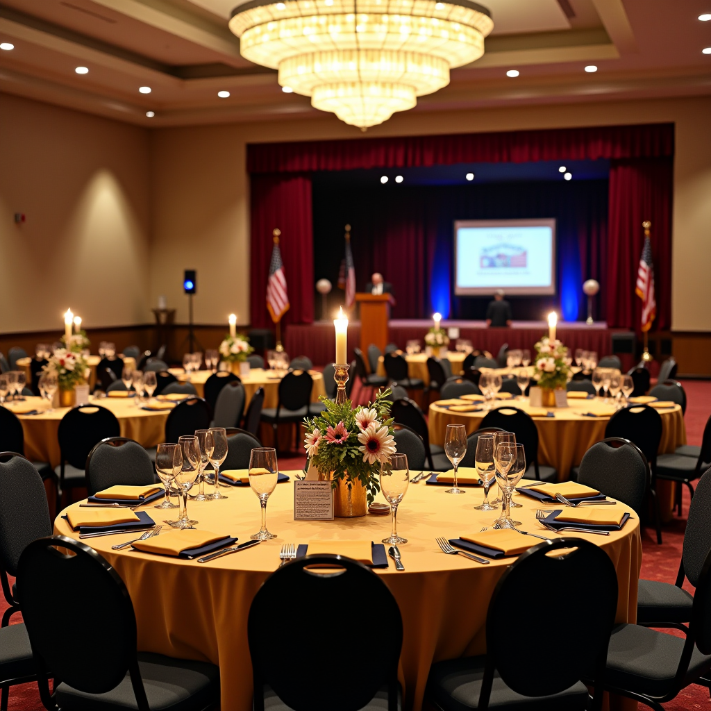 Elegant banquet hall setup for Veterans Appreciation Dinner and Auction featuring round tables with gold and burgundy linens, centerpieces with American flags and ceremonial candles, stage with podium decorated with patriotic bunting, and auction display tables showcasing donated items including military memorabilia, gift baskets, and community business certificates