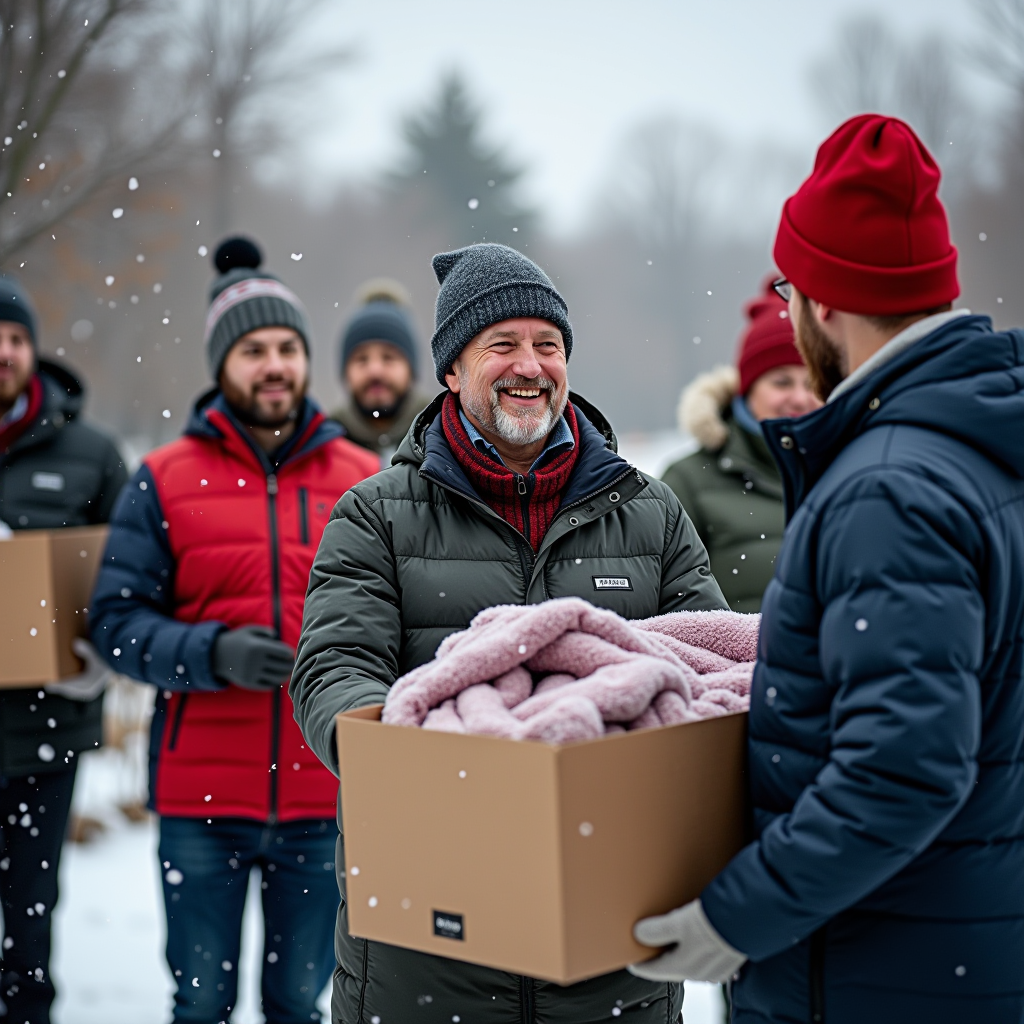 Group photo of veterans and volunteers at winter donation drive with boxes of supplies and food, volunteers distributing warm clothing and heating assistance materials to veteran families