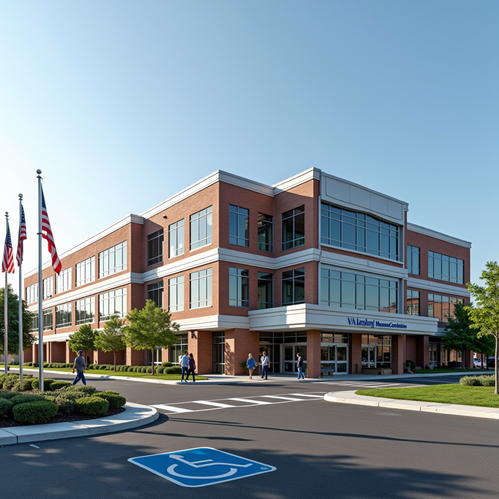 Modern VA medical center exterior photograph showing a well-maintained multi-story healthcare facility with clean architectural lines, large windows, and accessible entrance. The building features contemporary design with a combination of brick and glass facades. In the foreground, a clearly marked accessible parking area and landscaped grounds with American flags flying. The image conveys professionalism, accessibility, and the comprehensive nature of VA healthcare services. Clear signage indicates the facility name and main entrance, with veterans and staff visible entering and exiting the building.