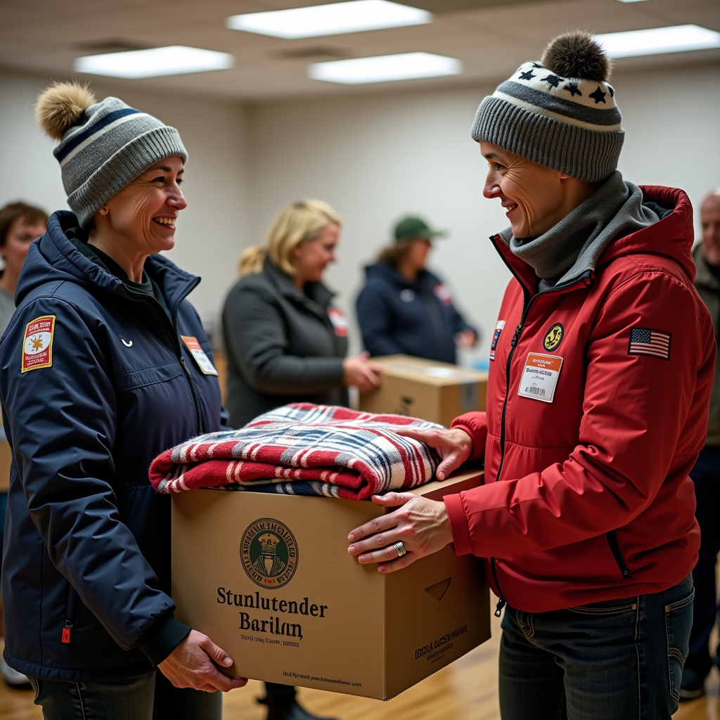 Athenia Veterans Post volunteers actively distributing winter supplies including food boxes, warm blankets, and heating assistance vouchers to veteran families in a community center, showing volunteers helping carry boxes and interacting warmly with grateful recipients