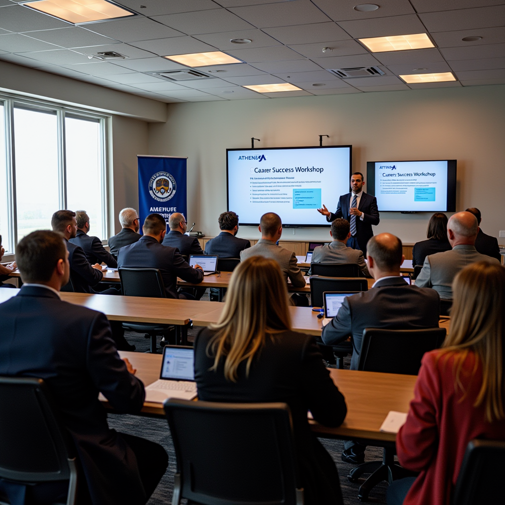 Wide-angle photograph of a career transition workshop at Athenia Veterans Post, showing approximately 25 veterans seated in rows facing a presenter at the front of a well-lit conference room, with professional presentation materials on screens, veterans taking notes, and a banner reading 'Career Success Workshop' visible on the wall, natural lighting from large windows, professional business casual attire
