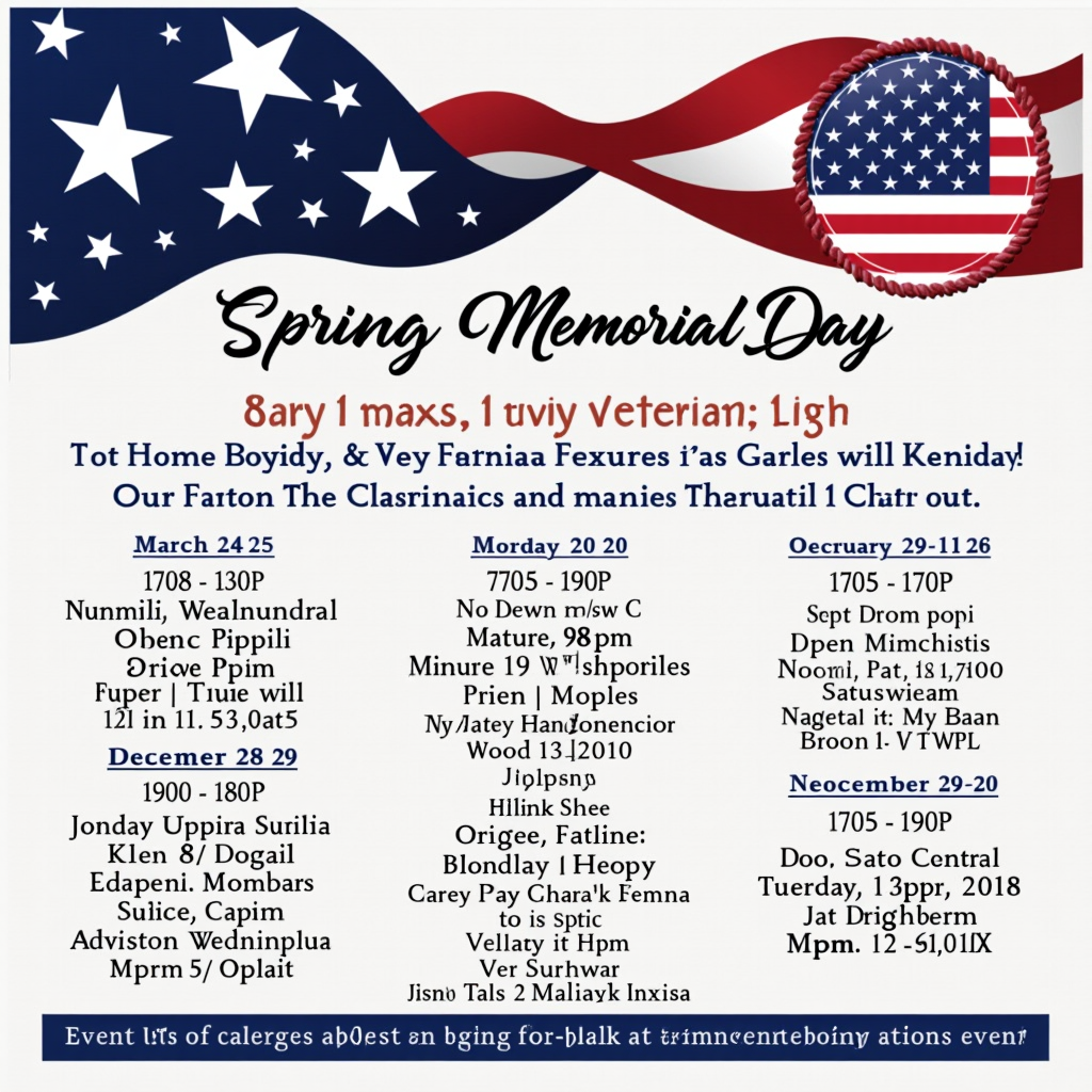 Promotional poster for spring fundraiser event featuring American flag design, Memorial Day wreath, and calendar of community events with dates and activities for veterans and families